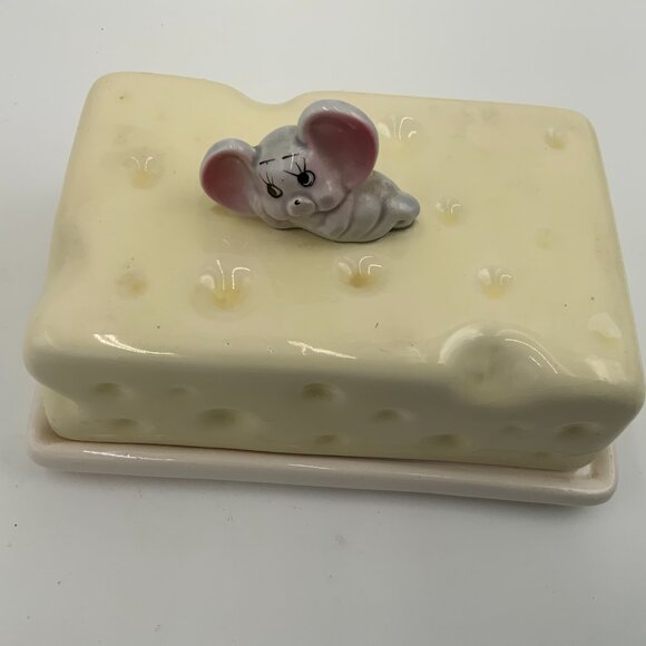 Vintage Swiss Cheese Keeper Lid & Tray Kitschy Gray Mouse on Top Cheese Japan - Picture 7 of 12
